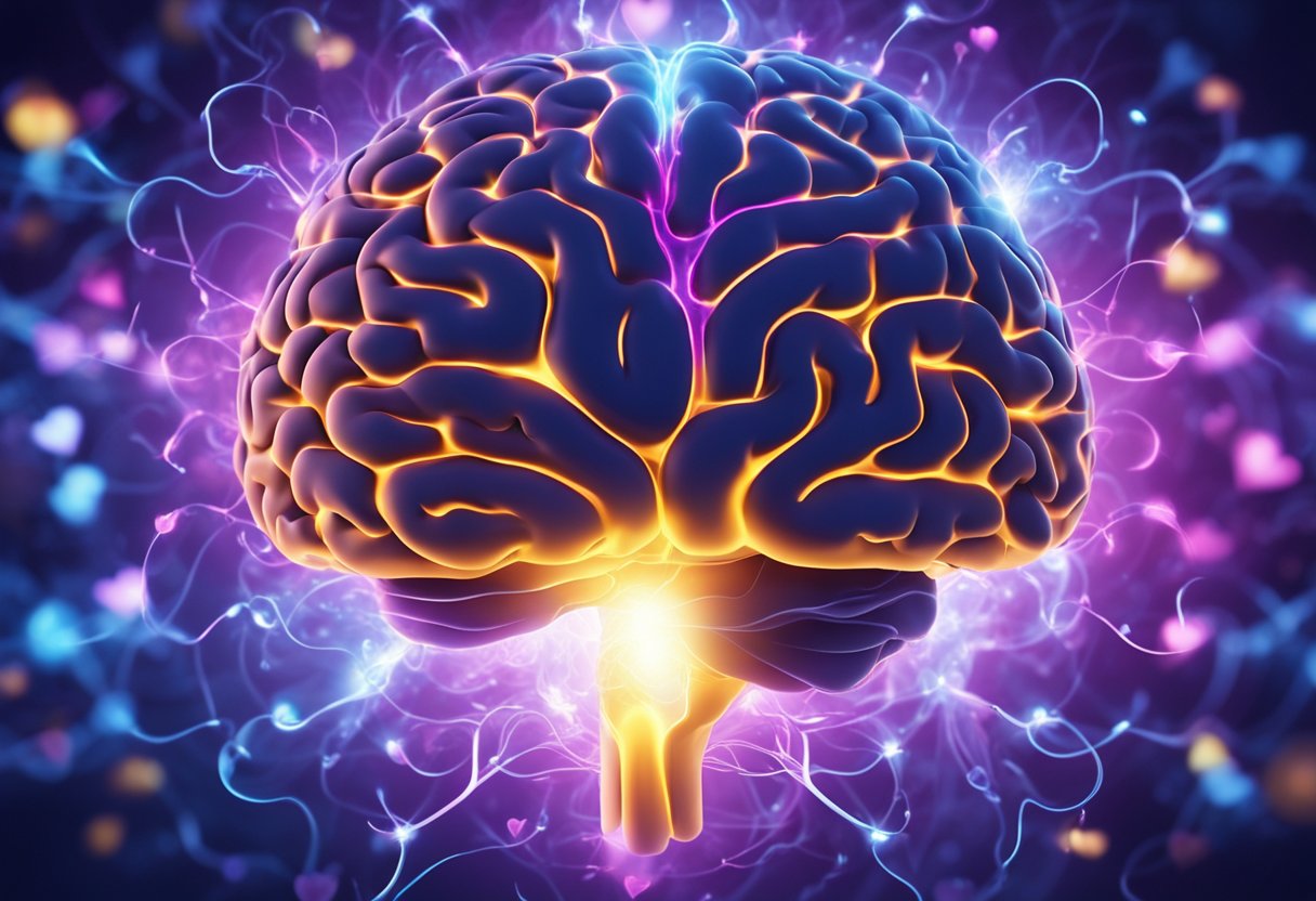 A vibrant brain surrounded by swirling energy, connecting to a glowing heart and body, illustrating the biological impacts of mental attitude on overall health and well-being