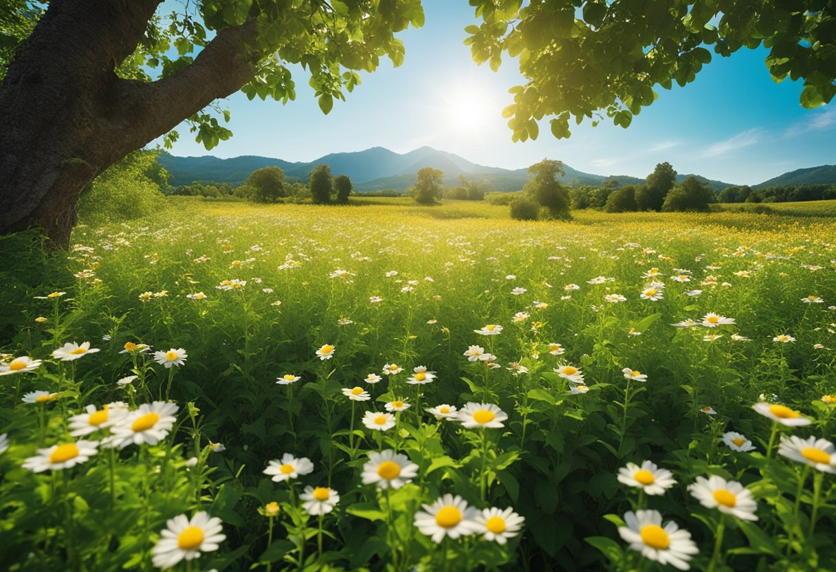 A serene, open field with a clear blue sky, surrounded by vibrant, blooming flowers and lush greenery, evoking a sense of peace and tranquility