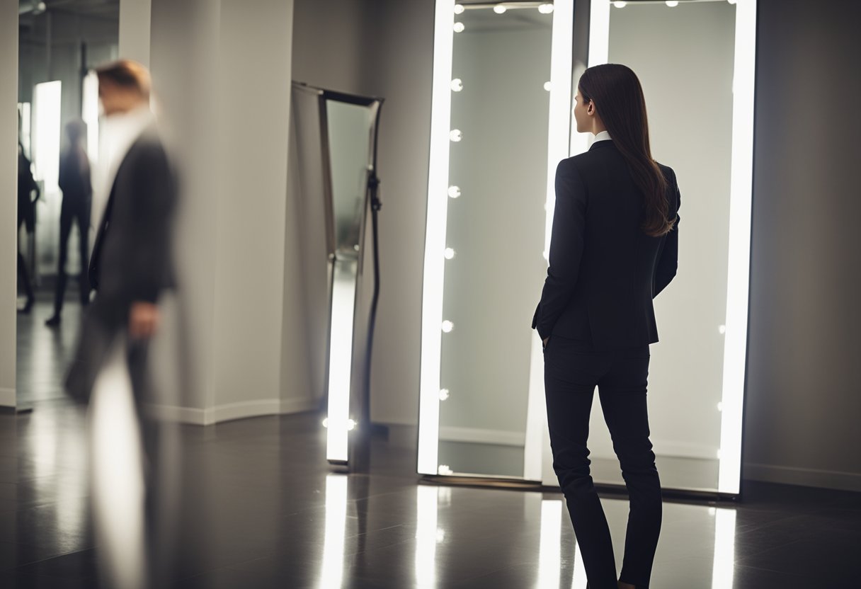 A person standing in front of a mirror, with one side reflecting positive affirmations and the other side reflecting negative self-talk