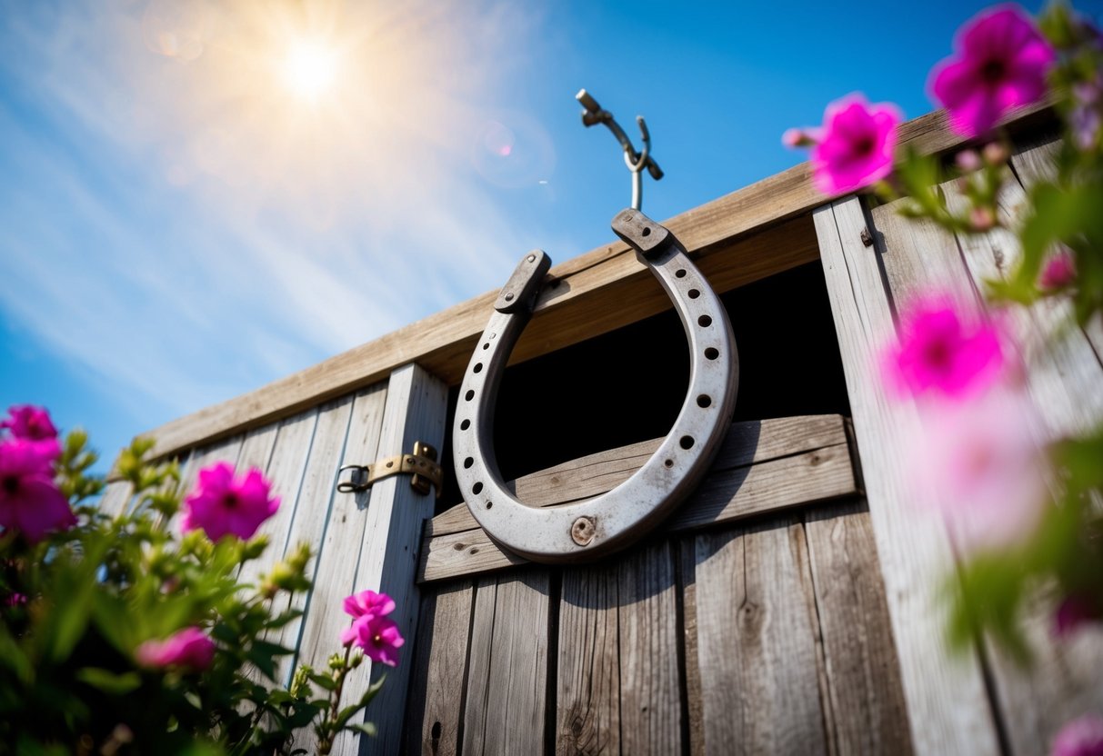 A horseshoe hanging above a rustic wooden door, surrounded by blooming flowers and a clear blue sky