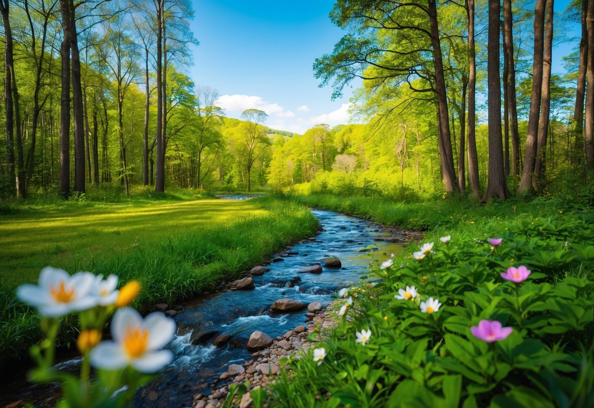 A lush green forest clearing with a sparkling stream, blooming flowers, and a clear blue sky