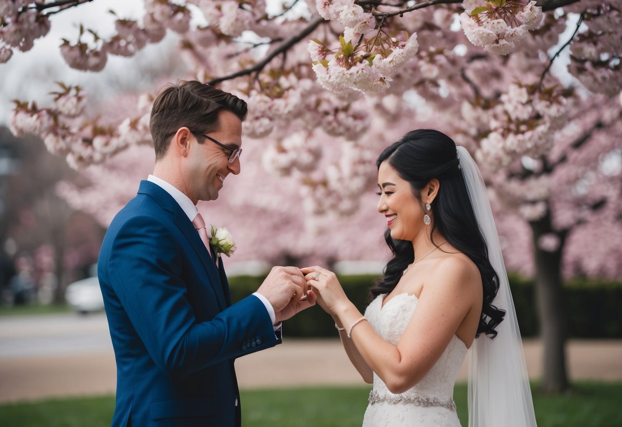 A bride and groom exchanging wedding rings under a blooming cherry blossom tree