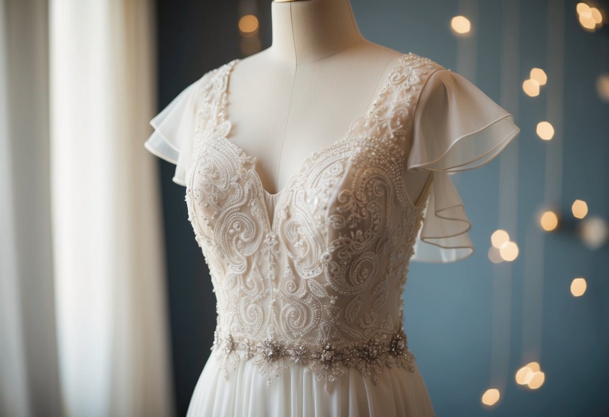 A plain wedding dress adorned with intricate lace, delicate beading, and flowing chiffon accents