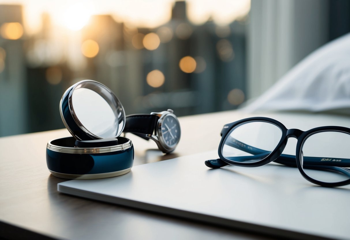 A wedding band left on a bedside table next to a watch and a pair of glasses