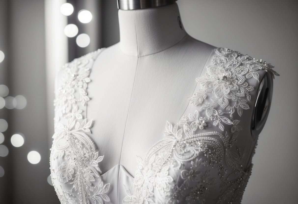 A plain wedding dress adorned with intricate lace overlays and delicate beading, creating depth and dimension