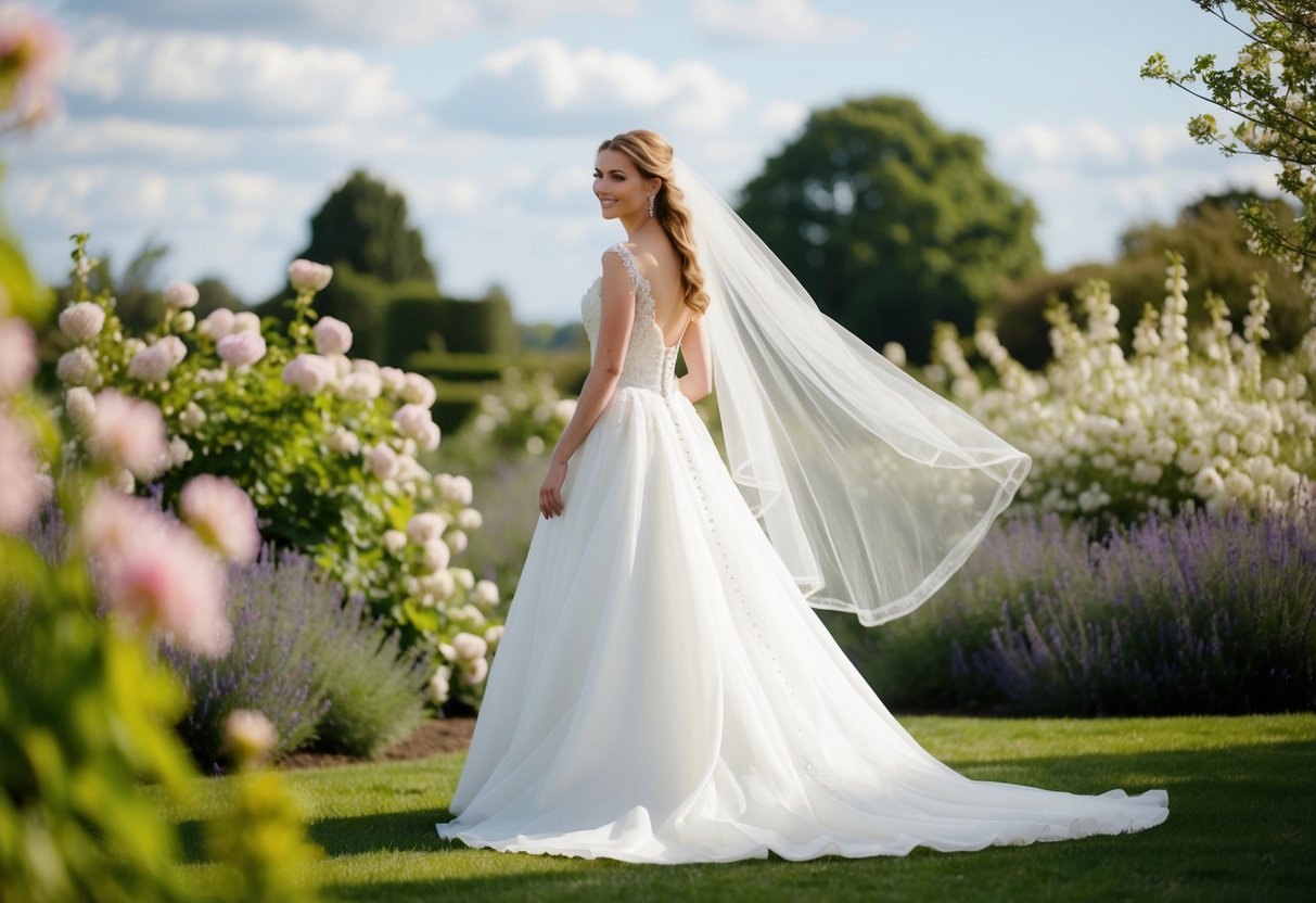 A bride stands in a garden, surrounded by blooming flowers and a gentle breeze, her flowing gown and veil billowing softly in the wind