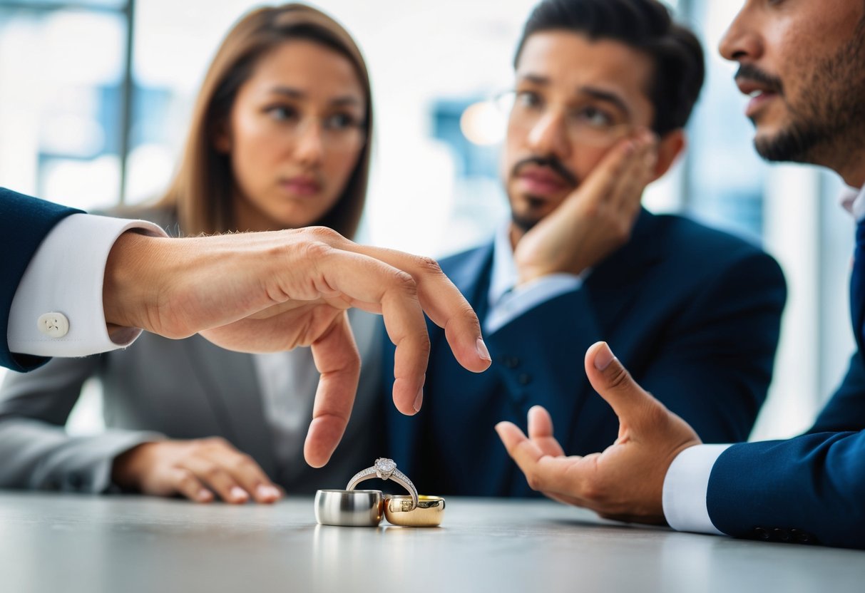 A person's hand reaching for a wedding band on a table, while another person looks on with a questioning expression