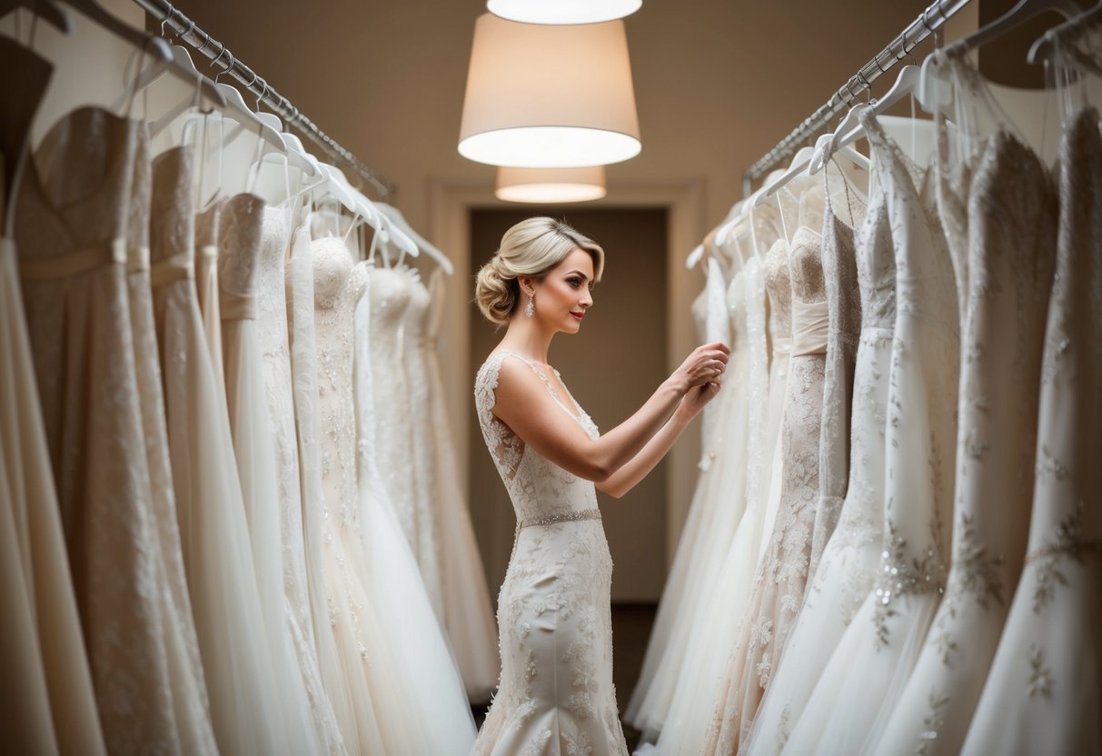 A bride stands in front of a row of elegant wedding dresses, carefully examining each one with a thoughtful expression. The soft lighting highlights the intricate lace and delicate beading on the gowns