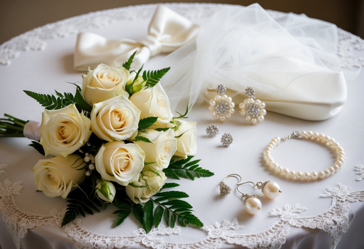 A bride's elegant accessories arranged on a lace-trimmed table: pearl earrings, a delicate veil, and a bouquet of white roses