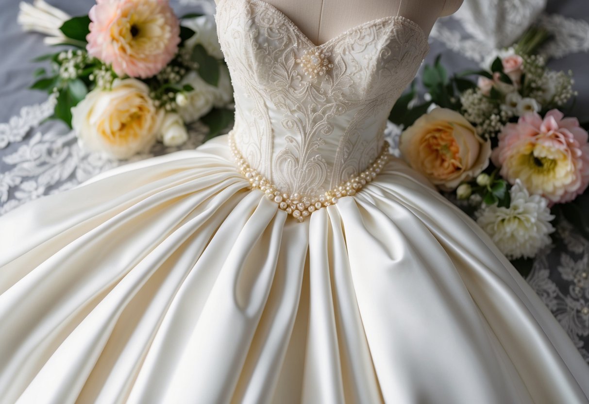 A bride's elegant gown hangs on a vintage dress form, surrounded by delicate lace, pearls, and flowers