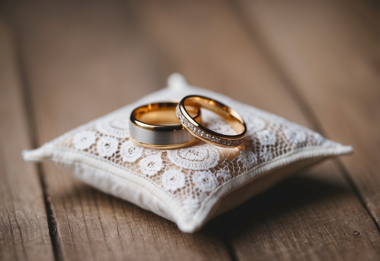 A pair of wedding bands resting on a delicate lace pillow