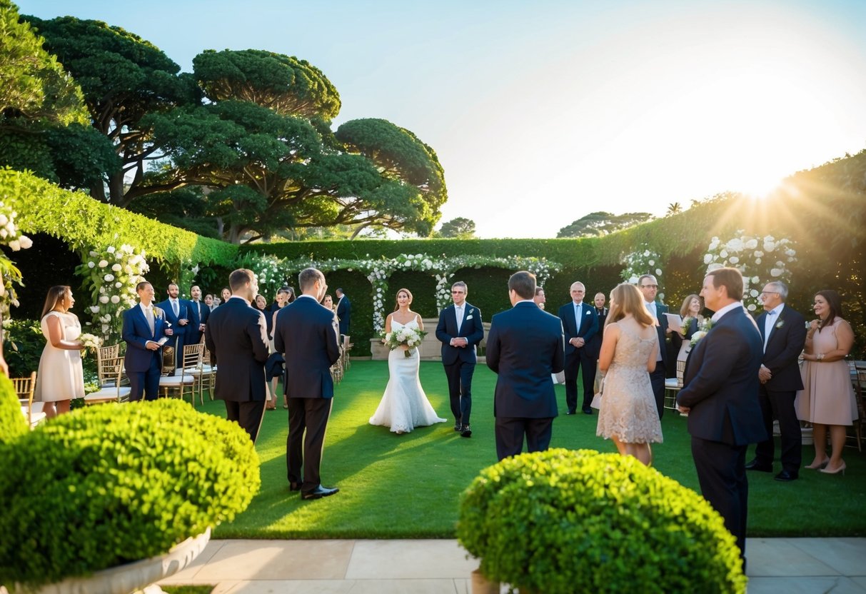 A lush garden setting with elegant decor, guests in formal attire, and a clear sky with warm sunlight