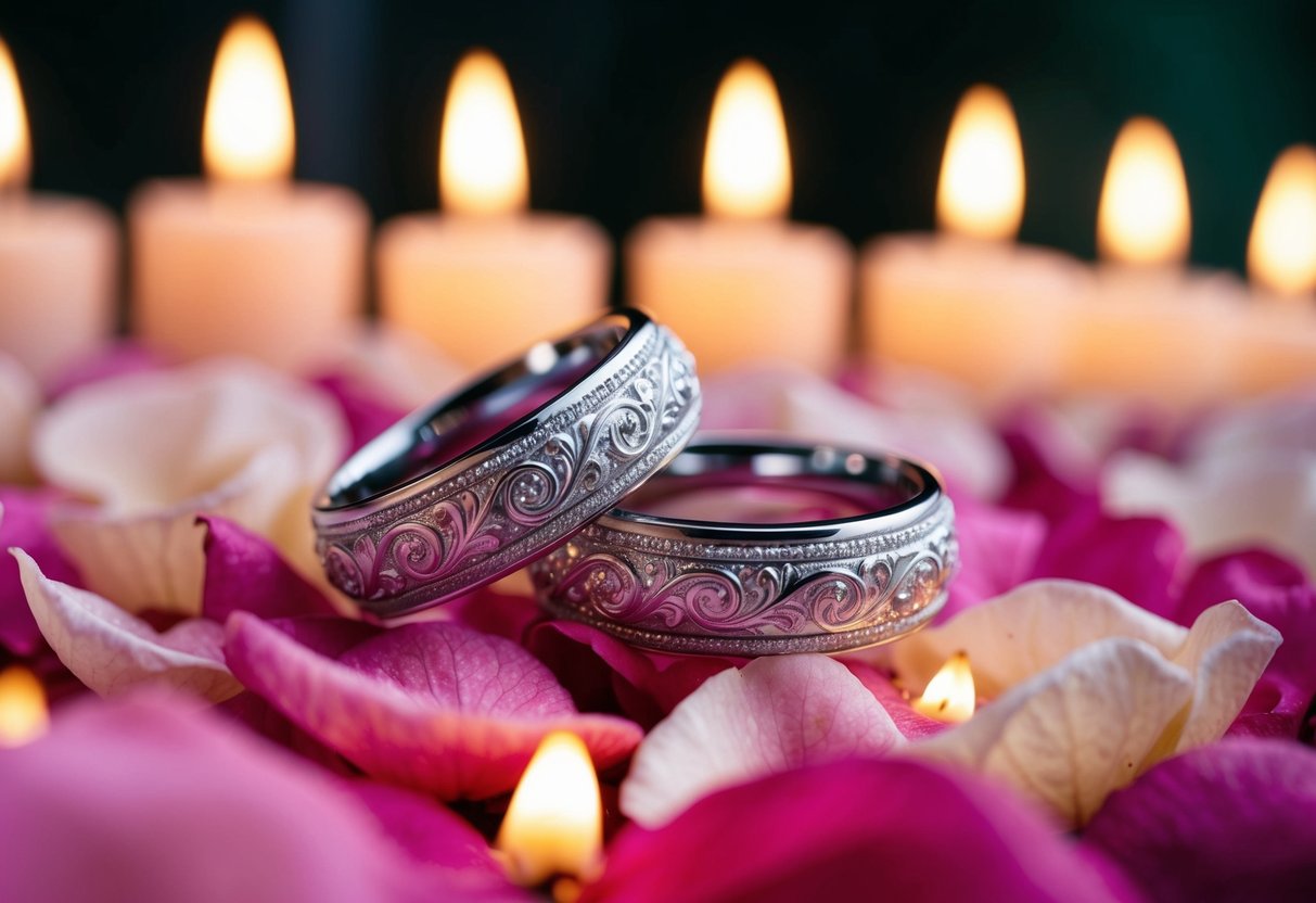A pair of ornate wedding bands resting on a bed of rose petals, surrounded by flickering candlelight and a soft, romantic atmosphere