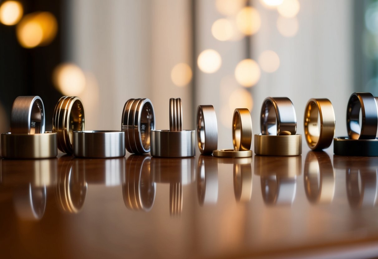 A display of sleek, minimalist wedding bands in various metals and finishes, arranged on a polished wooden surface with soft, diffused lighting