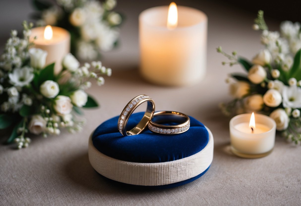 Two elegant wedding bands displayed on a velvet cushion, surrounded by delicate floral arrangements and soft candlelight