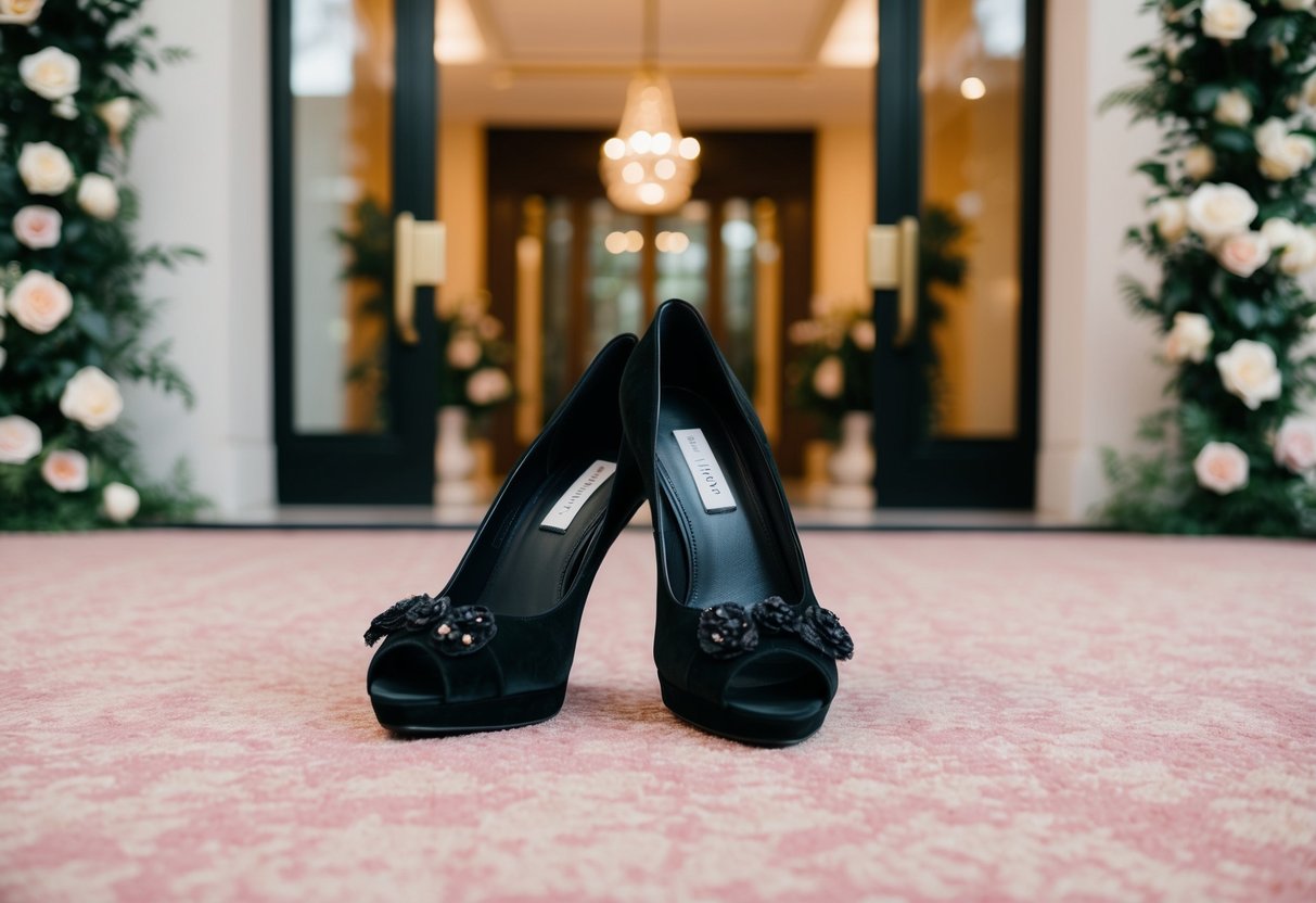 A pair of elegant black shoes placed on a plush carpet in front of a grand entrance, surrounded by floral decorations and soft lighting