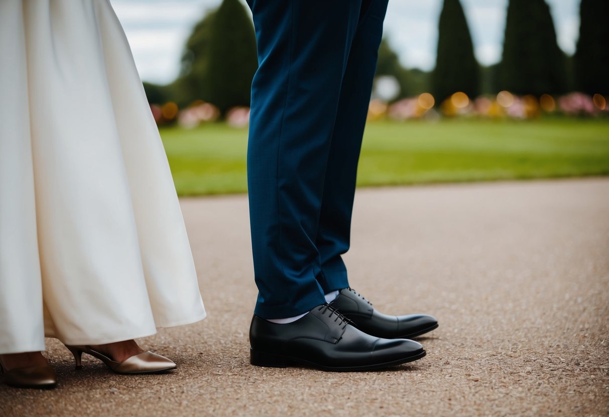 A guest in a formal outfit with black shoes at a wedding