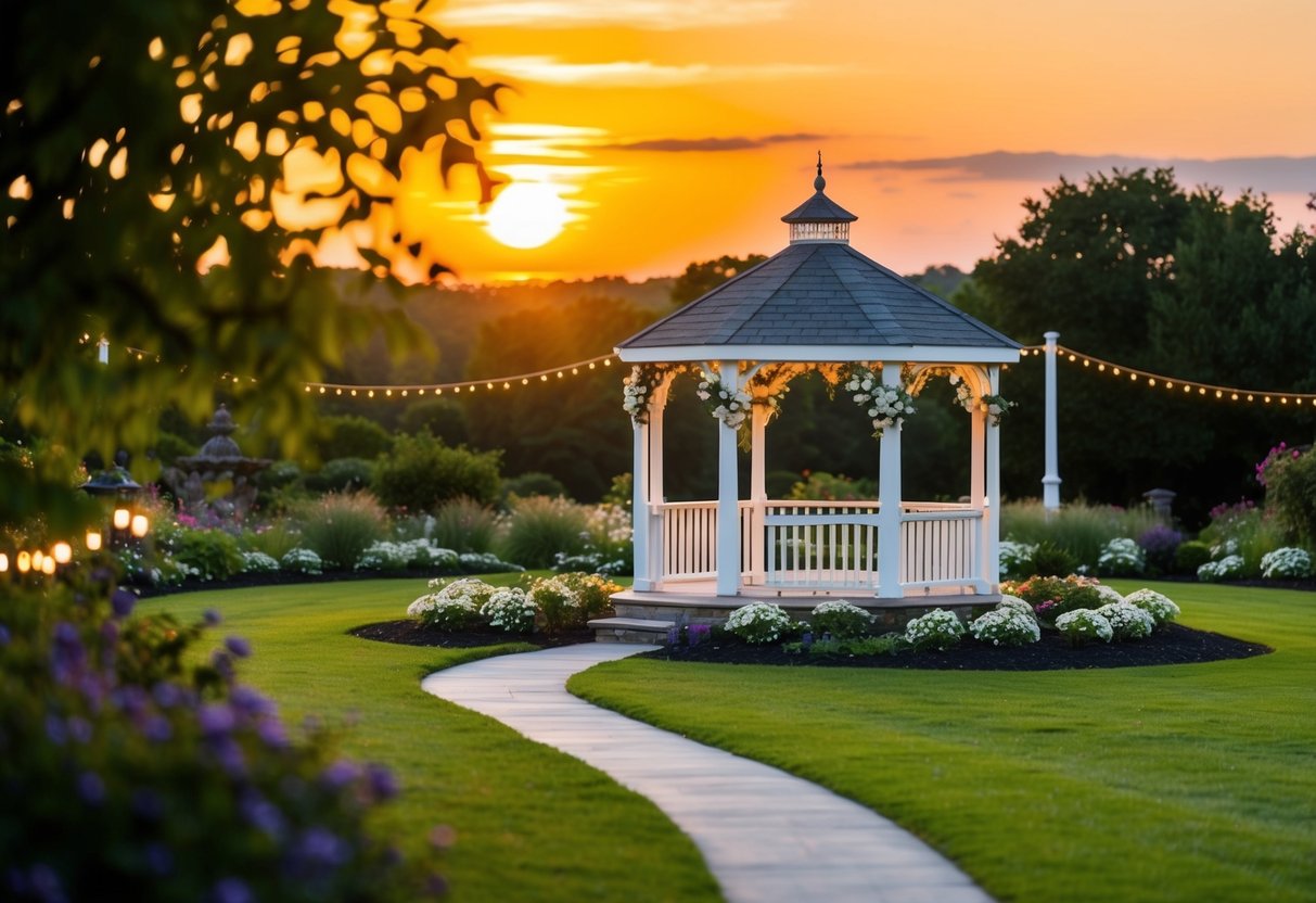 A golden sunset over a serene garden with a gazebo adorned in flowers, surrounded by twinkling lights and a path leading to it