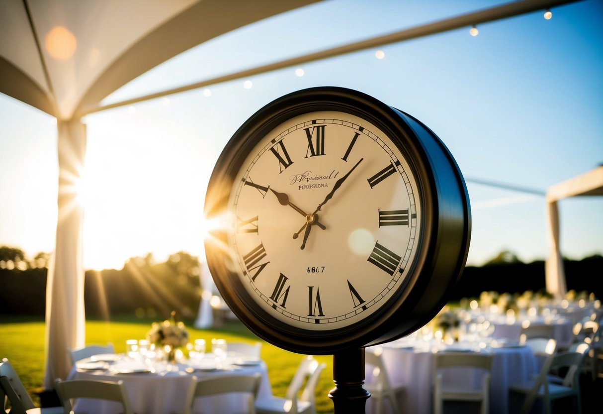 A sunlit outdoor wedding venue with a clock showing 7 o'clock