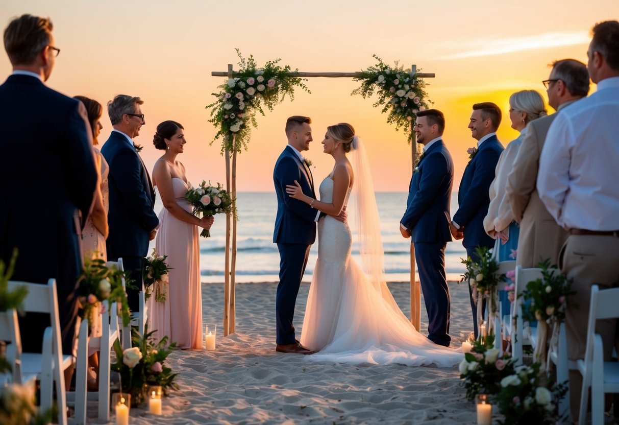 A serene sunset wedding ceremony on a beach, with the golden light casting a warm glow over the scene. The bride and groom stand beneath a simple arch adorned with flowers, surrounded by their loved ones