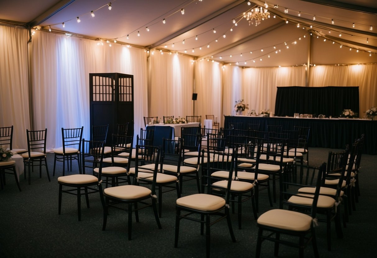 A dimly lit wedding venue with empty chairs and a closed vendor booth at 7 pm