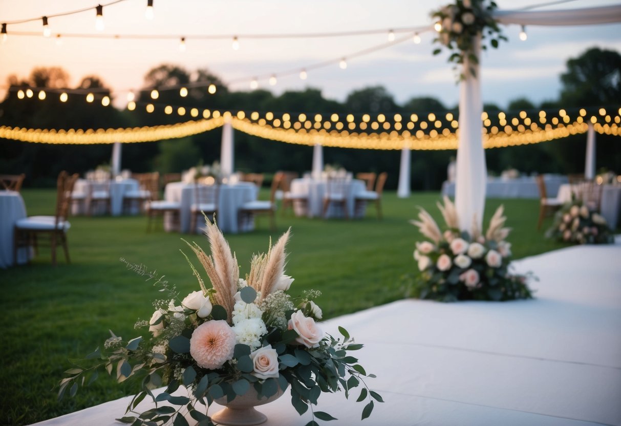 A serene outdoor wedding venue at dusk, with soft string lights and floral decorations