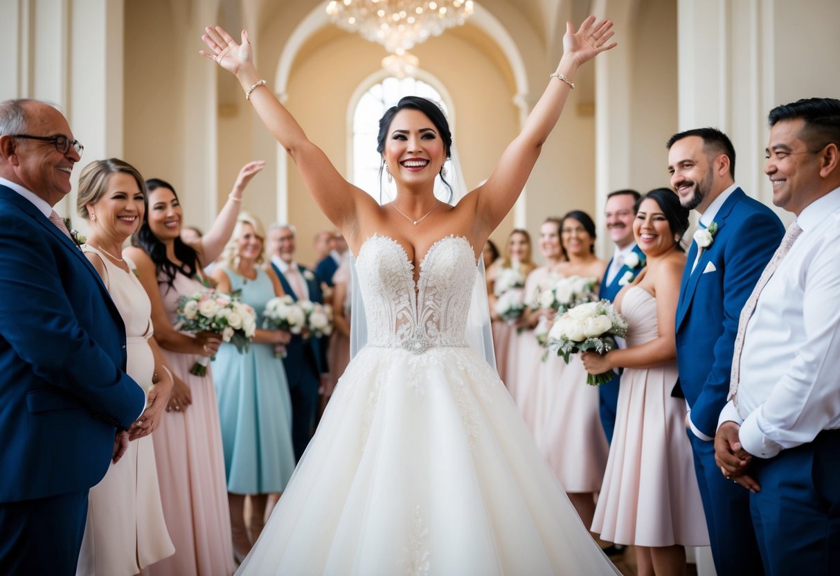 A bride stands tall, radiating joy and confidence, surrounded by loved ones and adorned in a beautiful gown