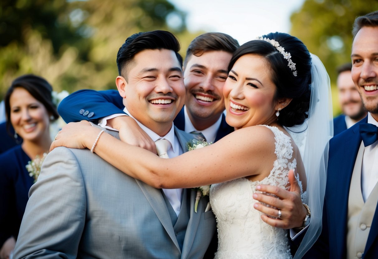 A bride joyfully embraces her loved ones, smiling and radiating happiness on her wedding day