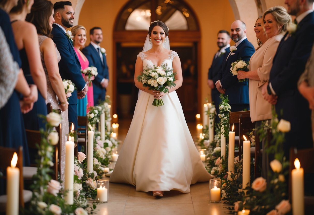 A bride walks down the aisle to a romantic song, surrounded by flowers and candles, with a soft, warm light illuminating the scene
