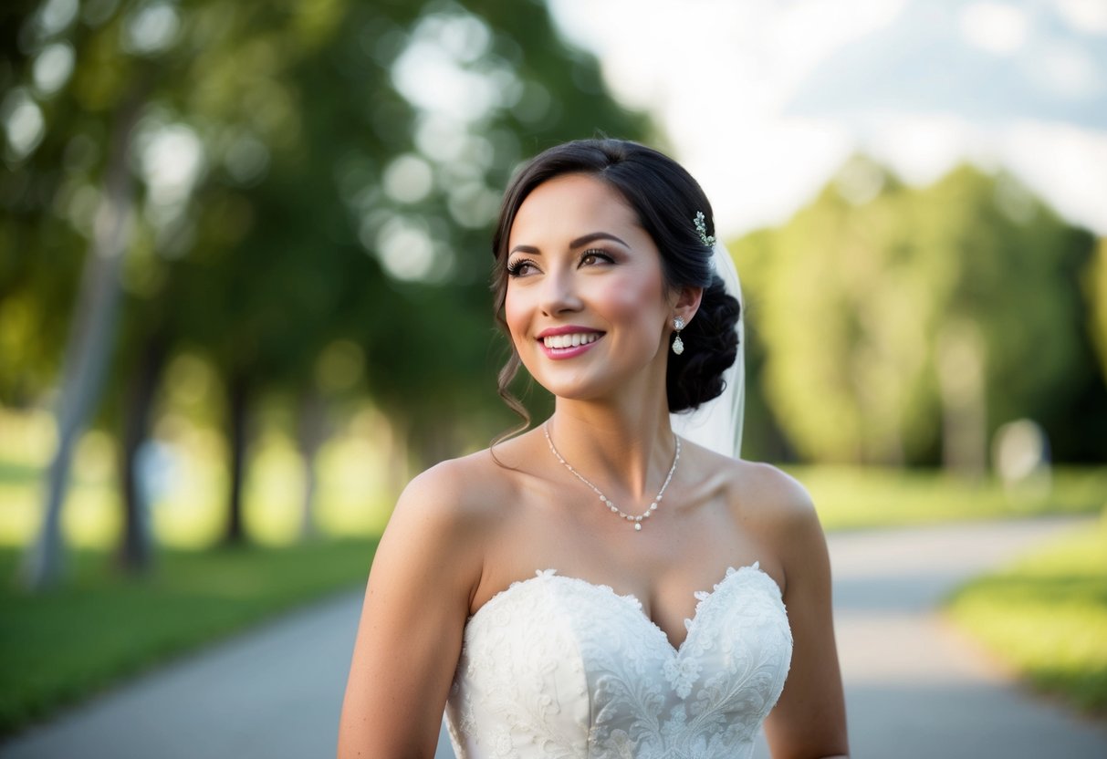 A bride stands confidently, gazing ahead with a serene smile, radiating joy and anticipation on her wedding day