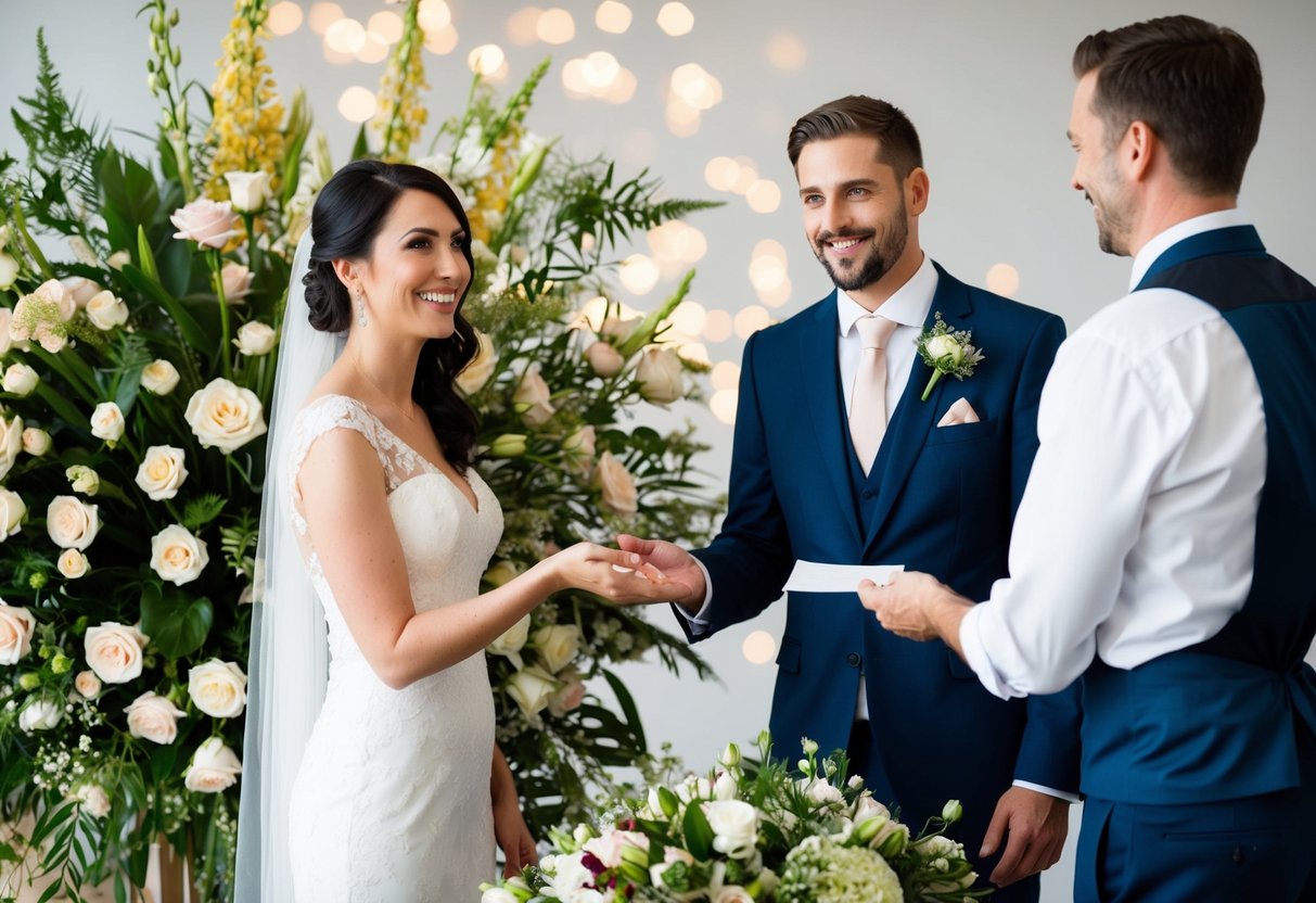 A bride and groom stand at the floral display, a small envelope held out to the florist. The florist smiles and nods in gratitude