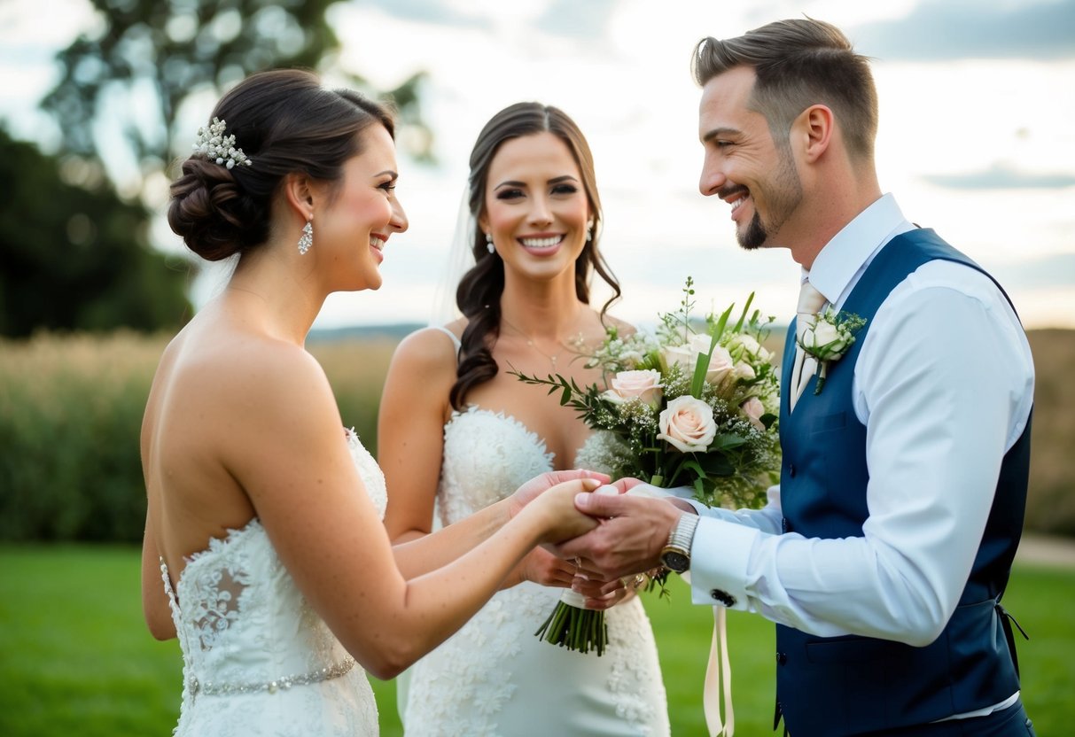 A bride and groom smiling as they hand a tip to a florist