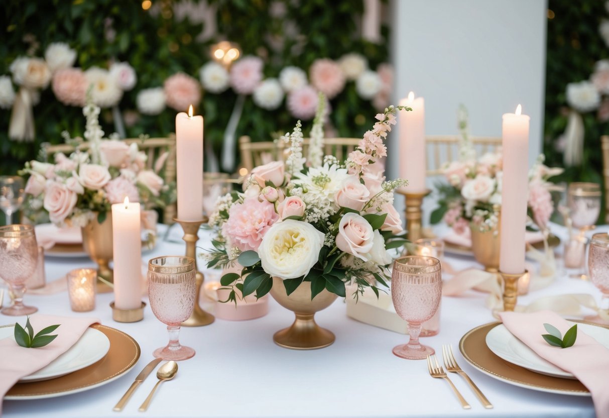 A table set with wedding colors: soft pink, ivory, and gold. Flowers, ribbons, and candles in matching hues adorn the elegant display