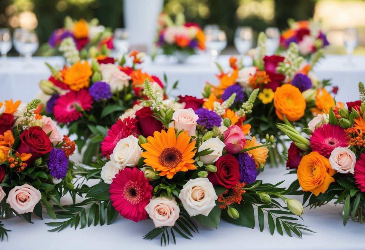 A vibrant array of flowers in the wedding colors arranged on a table