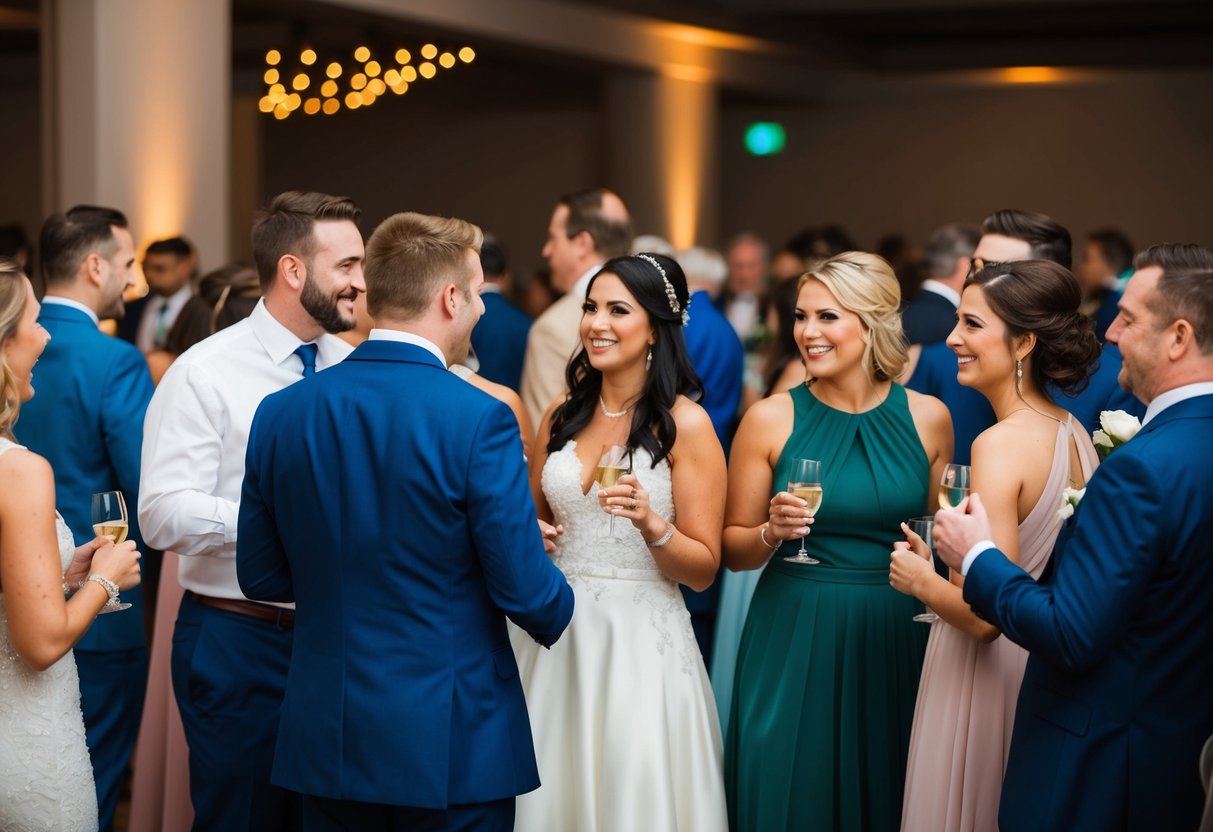 A group of guests in wedding colors mingling at a reception, showcasing the recommended attire in various styles and shades