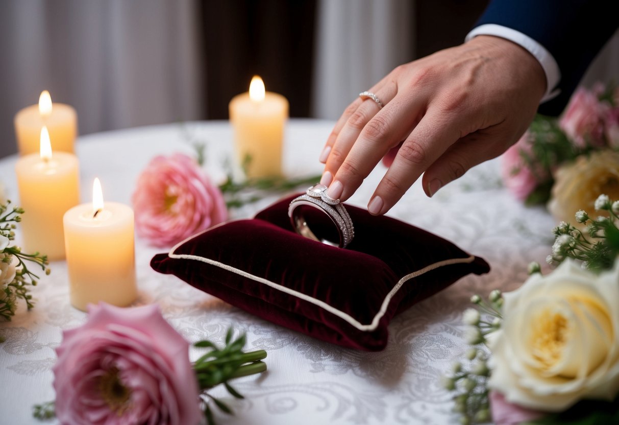 A hand placing a wedding band on a velvet pillow, surrounded by flowers and candles