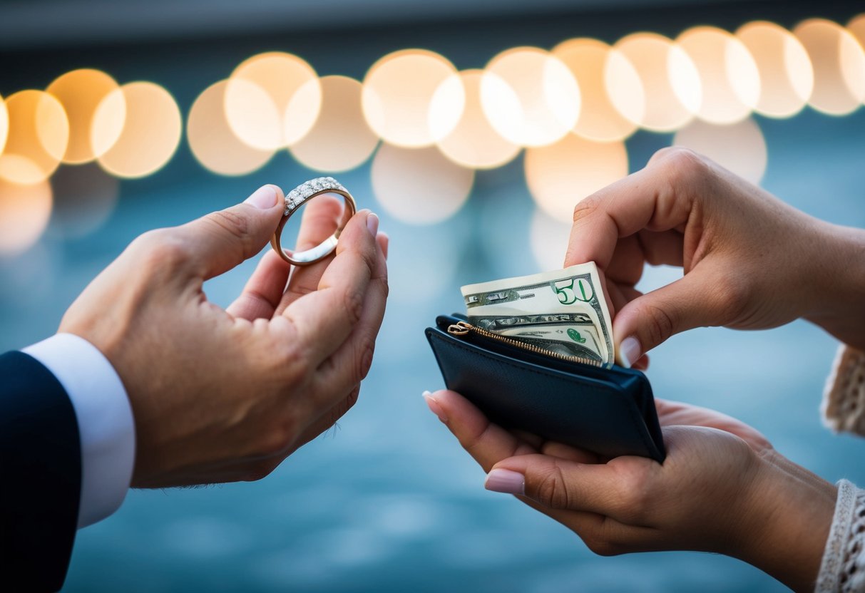 A man's hand holding a wedding band, while a woman's hand holds a wallet with money inside