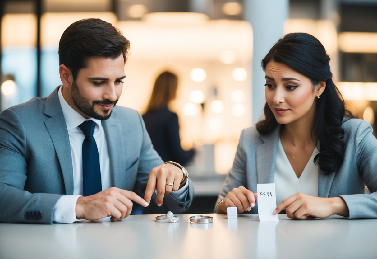A couple sits at a table, looking at wedding bands. The husband points to one, while the wife looks at the price tag with a concerned expression