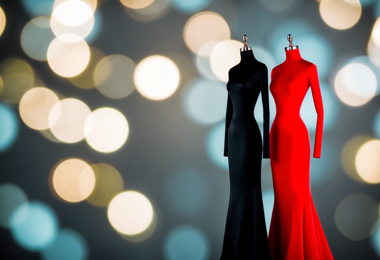 A figure in a black dress standing next to a figure in a bright red dress, with the black dress appearing slimmer