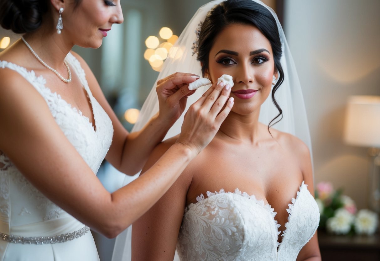 A bride carefully applies a barrier cream to her skin before putting on her wedding dress, ensuring that her fake tan does not transfer onto the fabric