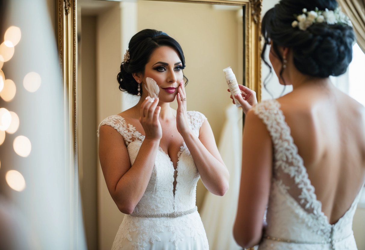 A bride stands in front of a mirror, carefully applying a barrier cream to her skin before putting on her wedding dress. She is focused and determined to prevent any fake tan from transferring onto the delicate fabric