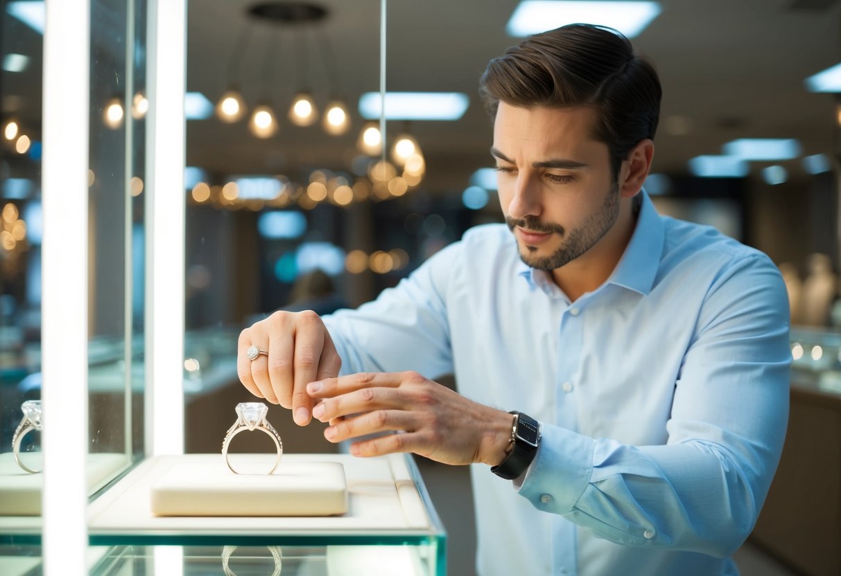 A man carefully selects a sparkling diamond ring from a display case at a jewelry store. He examines the ring under the bright lights, considering its price