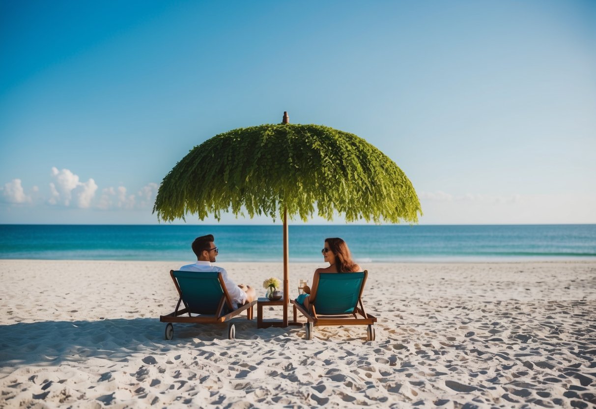 A couple lounging under a large, leafy umbrella on a secluded beach, with the ocean in the background and clear blue skies above