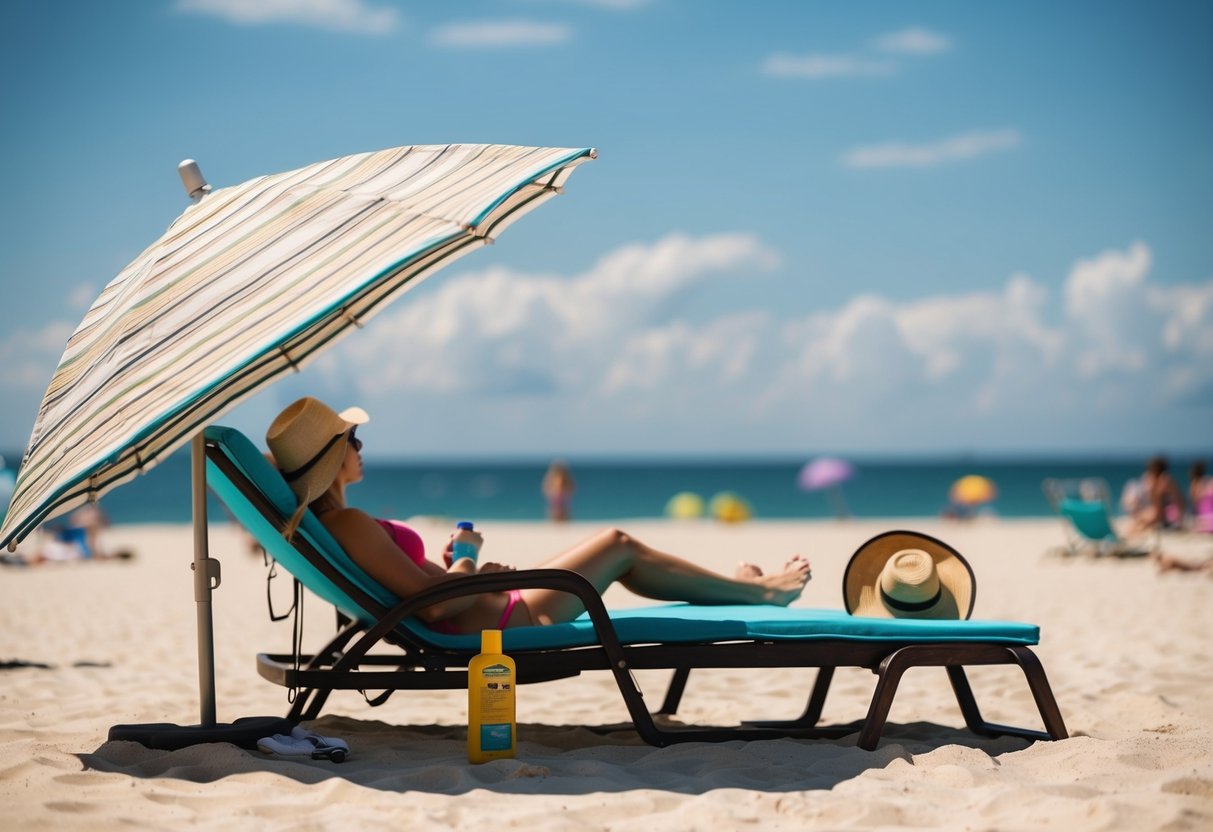 A beach umbrella casting dappled shade over a sunbather's reclining chair, with a bottle of sunscreen and a wide-brimmed hat nearby