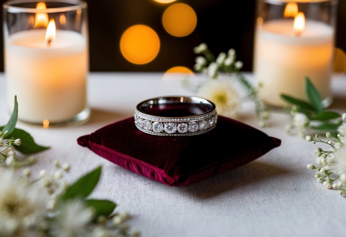 A wedding band resting on a velvet cushion, surrounded by soft candlelight and delicate floral arrangements