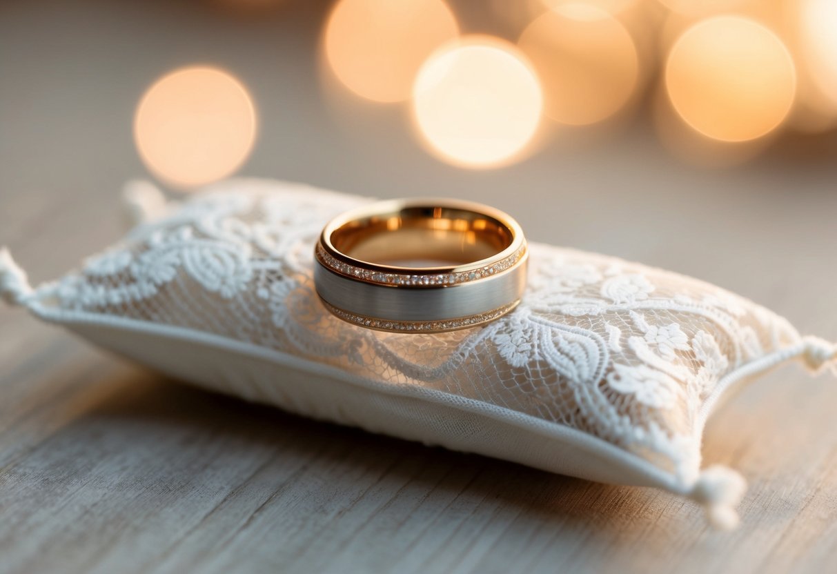 A wedding band resting on a delicate lace pillow, bathed in soft, warm light
