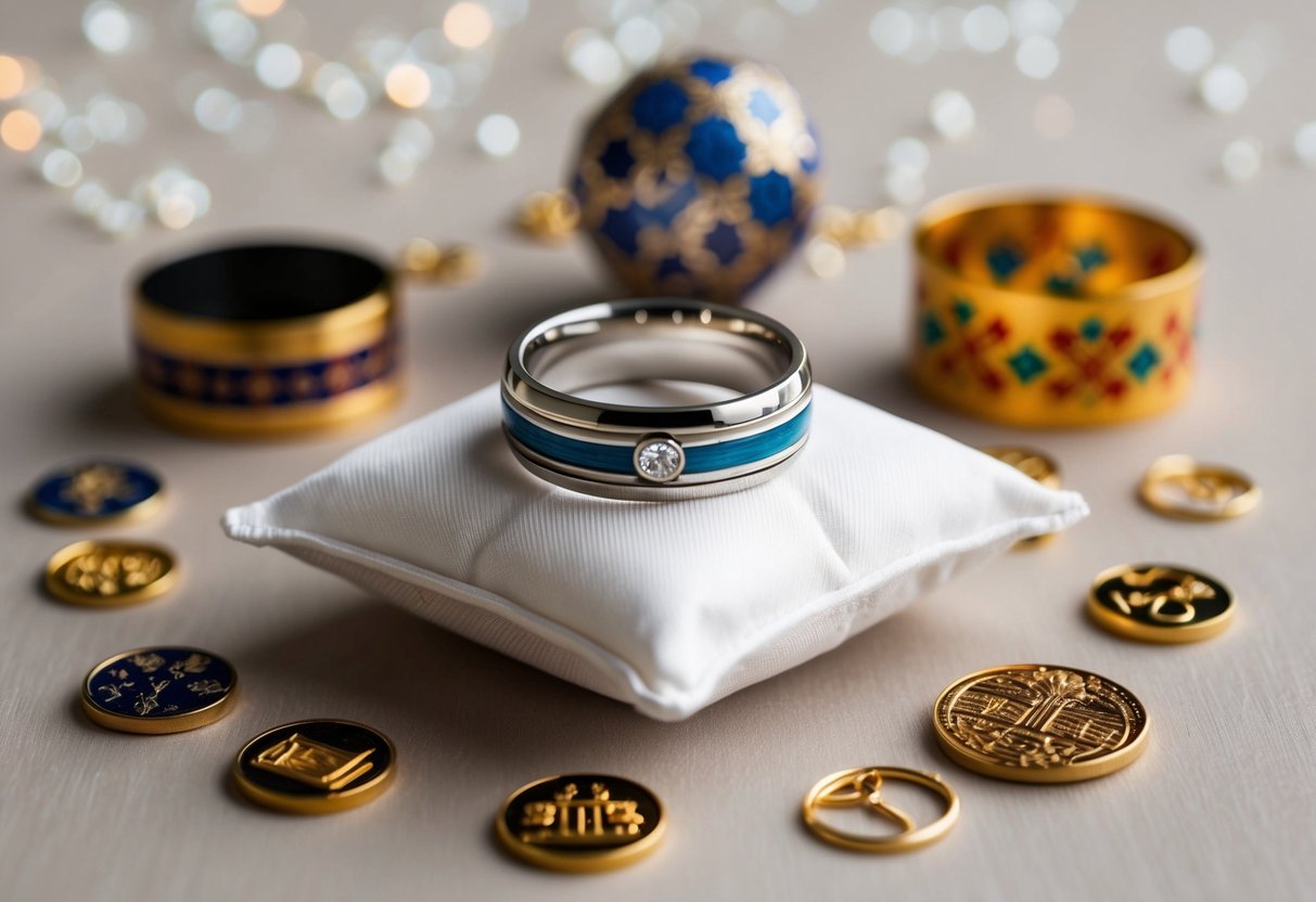 A wedding band rests on a delicate pillow, surrounded by symbols of different cultural and personal traditions