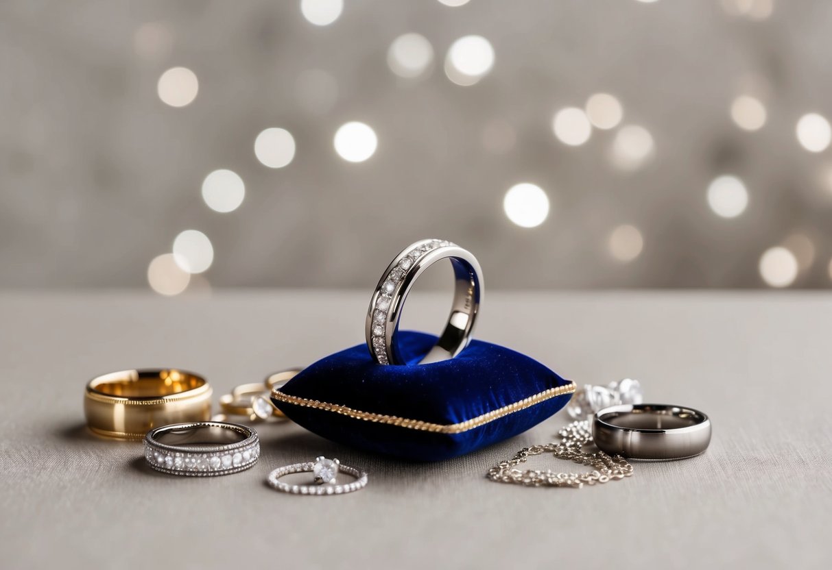 A wedding band resting on a velvet cushion, surrounded by various other jewelry options, set against a neutral background
