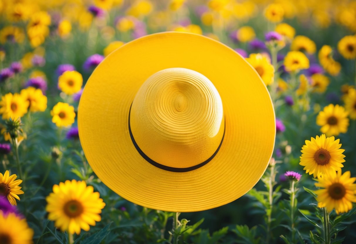 A bright yellow sun hat casting a warm glow on a field of vibrant wildflowers