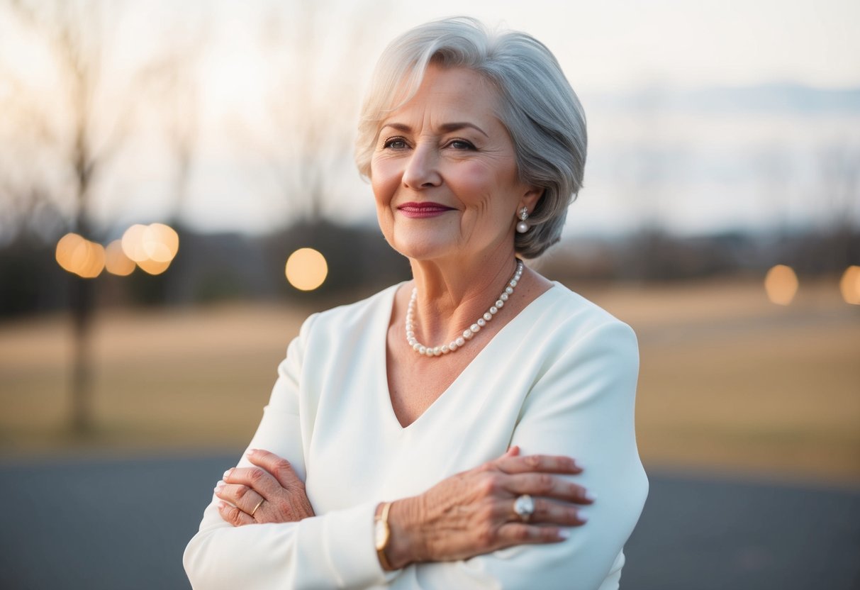An older woman wearing a wedding ring, standing confidently with a sense of maturity and wisdom